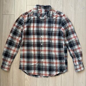 Uniqlo Men's Plaid Flannel Shirt in Navy & Orange Size Small
